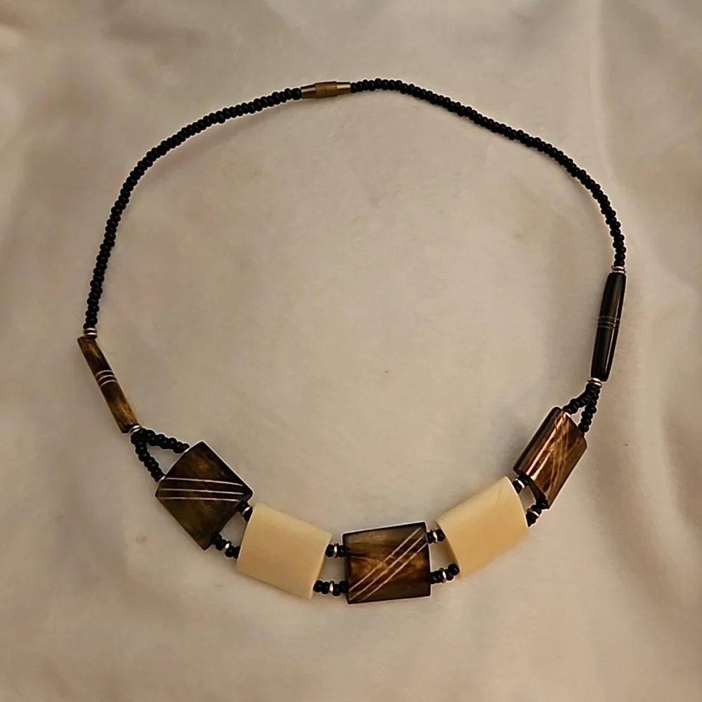 Vintage African Tribal Horn Beaded Unisex Collar Necklace